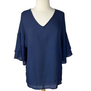 Dloreuk Blouse Shirt Womens Medium Blue Wide Tiered Short Sleeves